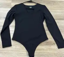 Black Long Sleeve Bodysuit deep v neck thong