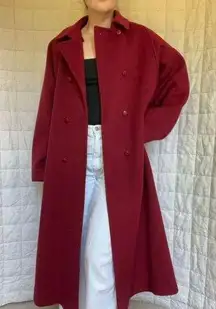 Vtg Natalie Green by Bert Newman Red Double Breasted Wool Long Trench Coat - L