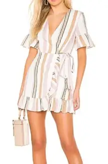 Privacy‎ Please May Mini Wrap Dress in Multi Stripe Pink & Tan, Size Medium