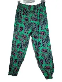 Aerie Pants Womens Medium Green Pink Paisley Satin Jogger Casual Preppy Colorful