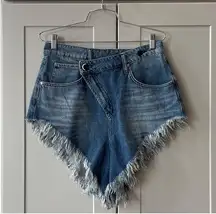 NGHTBRD Denim Frayed Asymetrical Festival Party Shorts Jean Size 26 Cowgirl