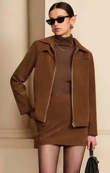 Commense Women's Faux Suede Bomber Jacket in Brown‎ Minimalist Outerwear Size XS