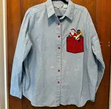 Vintage Westbound II Christmas Santa Embroidered Button Down Shirt Womens 1X 90s