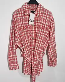 ZARA Tweed Houndstooth Belted Pink/White Plaid Boucle Jacket‎ Size XS