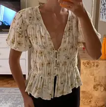 Zara Puff Sleeve Floral Button Front Top XS