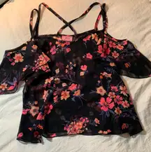 Black Pink Floral Cold shoulder Top