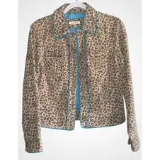 Yvonne & Marie Tan Leopard Print Turquoise Trim 100% Leather Hip Length Jacket 4