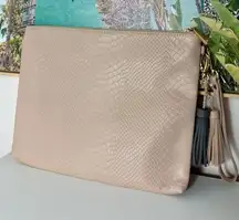 Charming Charlie Tan Beige Snakeskin Faux Leather Large Tassel Zip Clutch Purse