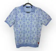 Murano Blue Jacquard Knit Polo Sweater Retro Snowflake Preppy Classic M