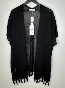 Tommy Bahama Lea Long Fringe Black Linen Cardigan Size S/M NWT