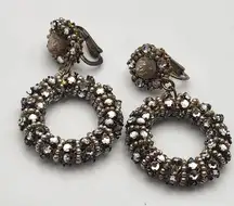 Vintage Miriam Haskell Dangling Faux Pearl & Rhinestones Hoop Clip-On Earrings