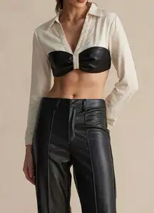 Micas Color Block Faux Leather Linen Ruched Long-Sleeve Shirt