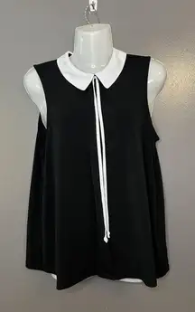 ELLE Shirt Womens Small Black White Peter Pan Collar Tie Neck Sleeveless Top