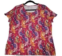 Kim Rogers Womens Size L Magenta Pink Paisley Stretchy Short Sleeve T-Shirt Boho