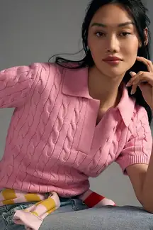 Grey Lab Anthropologie Cable-knit Polo Sweater Tee In Pink, S Tennis Pickleball