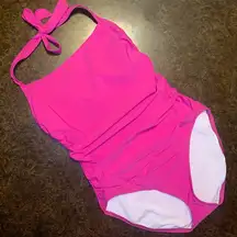 Talbots One Piece Halter Swimsuit with Side Ruching in Barbie Pink - size 16