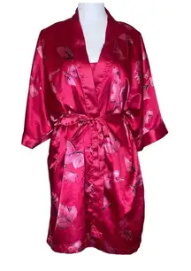 Vanity Fair Vintage 80's Floral Silky Poly Bow Accent Lingerie Slip Robe Set L