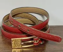 Anne Klein for Calderon Red Leather Slim Belt Buckle Gold Tone Hardware Large