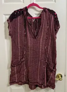 Free People Burgundy Knit Lace Tunic Bohemian Boho Sleeveless Top with Hood