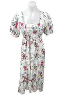 L.O.V White Multicolor Floral Puff Sleeve Square Neck Tie Waist Midi Dress Sz S