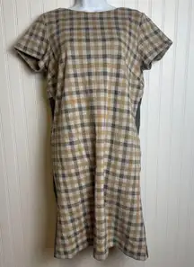 J Jill short sleeve ponte knit grey camel plaid shift dress size small N49
