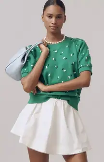 Anthropologie Maeve Puff Sleeve Sweatshirt Tee XS Green Cherry Print NEW