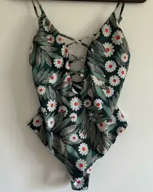 Mara Hoffman Criss Cross Front One Piece Swimsuit Dark Green Daisy Sz Medium