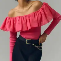 By Anthropologie Off-The-Shoulder Organza Ruffle Top Pink Long Sleeve Blouse XXS