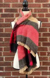Oversized Plaid Fringe Warm Cozy Winter Fall Scarf Red Black Tan