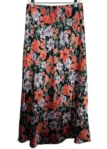 Able The Label Skirt Women Size M Black Orange Purple Floral Midi Satin Spring