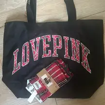 New Gift Set VS PINK Plaid Logo Tote and VS Cotton Oversized Plaid Boxer Shorts