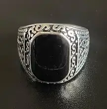 S925 silver obsidian stone ring size 10