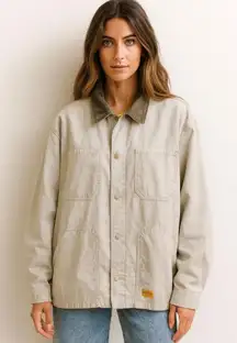 Diamondback Cream Work Coat Barn Jacket With Brown Corduroy Collar Fisherman L