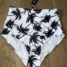NWT Black and White Palm Tree High-Waisted Bikini Bottoms Sz Large
