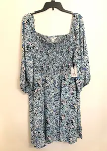NEW Blue/Pink Floral Puff Sleeve 1X Smocked dress