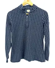 LL Bean Womens Fleece Quarter Zip Pullover Navy White Geometric Pattern Top