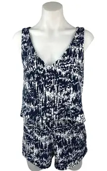 Aqua Navy Blue White Printed V Neck Sleeveless Tank Lounge Romper Shorts Size S
