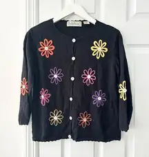 Belle Pointe Vintage Black Cotton Knit Cardigan Colorful Daisy Floral Medium