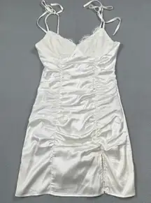 Superdown Revolve White Satin Mini Dress S Lace Trim Tie Strap Ruched Bodycon