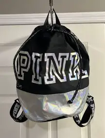 PINK Victoria's Secret Cinch Drawstring Large Back Pack Black/Silver NWOT