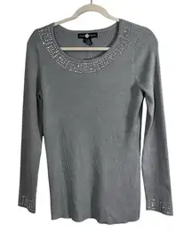 Ashley Stewart Women's Gray Knit Sweater Beaded Neckline Size 14 / 16 Holiday