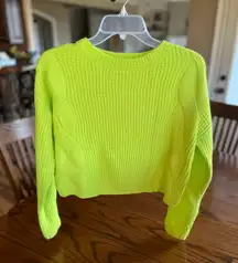 Neon Lime Green Sweater Cable Knit Cropped Lightweight Crewneck Medium