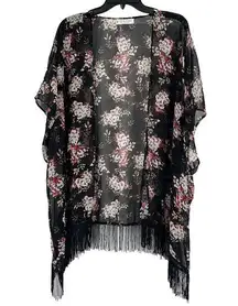 Jon & Anna Boho Kimono Black Floral Fringe Trim Oversized Sheer Festival Size M