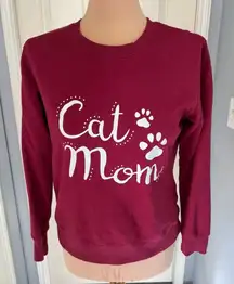 Cat Mom Graphic Burgundy Knit Sweatshirt Top‎ Kitty Lover