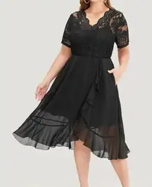 Size 18 - 20 • 2x •  • Solid Lace Pocket Mesh Ruffle Trim Wrap Dress