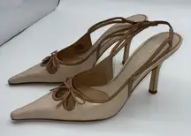 Nine West NWLilybeth 6M Leather Slingback Heels Beige Tan Bow Pointed Toe Career