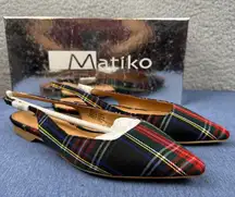 Matiko Shoes Lori Womens EUR 36 US 6 Green Tartan Plaid Point Toe Slingback Flat
