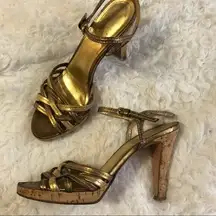 Coach Gold Strappy Sandals Cork Heels 7.5