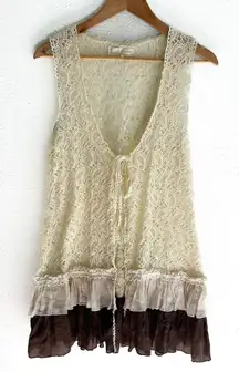 Areve Lace & Ruffle Layering Vest Tie Front Cream Brown Large Cottagecore