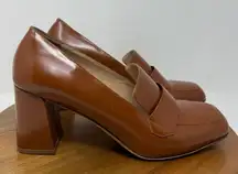 M Gemi Italian Leather Square Toe Block Heel Loafer Pumps Cognac Sz US 11 EU 42